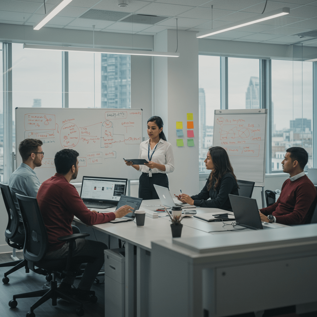 A professional UK startup office environment with a fractional CTO and team collaborating on technology strategy, modern workspace, diverse team, technology leadership concept