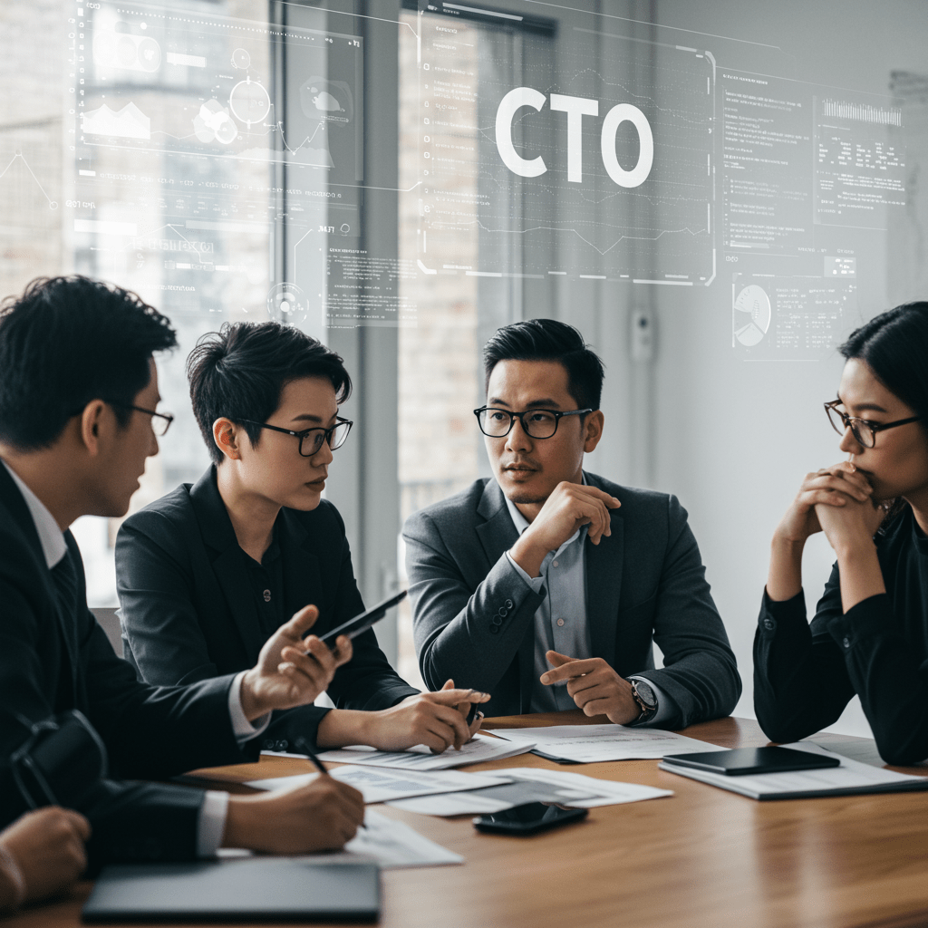Diverse UK startup founders discussing technology strategy with a modern digital interface in a professional business setting, symbolising CTO leadership and innovation