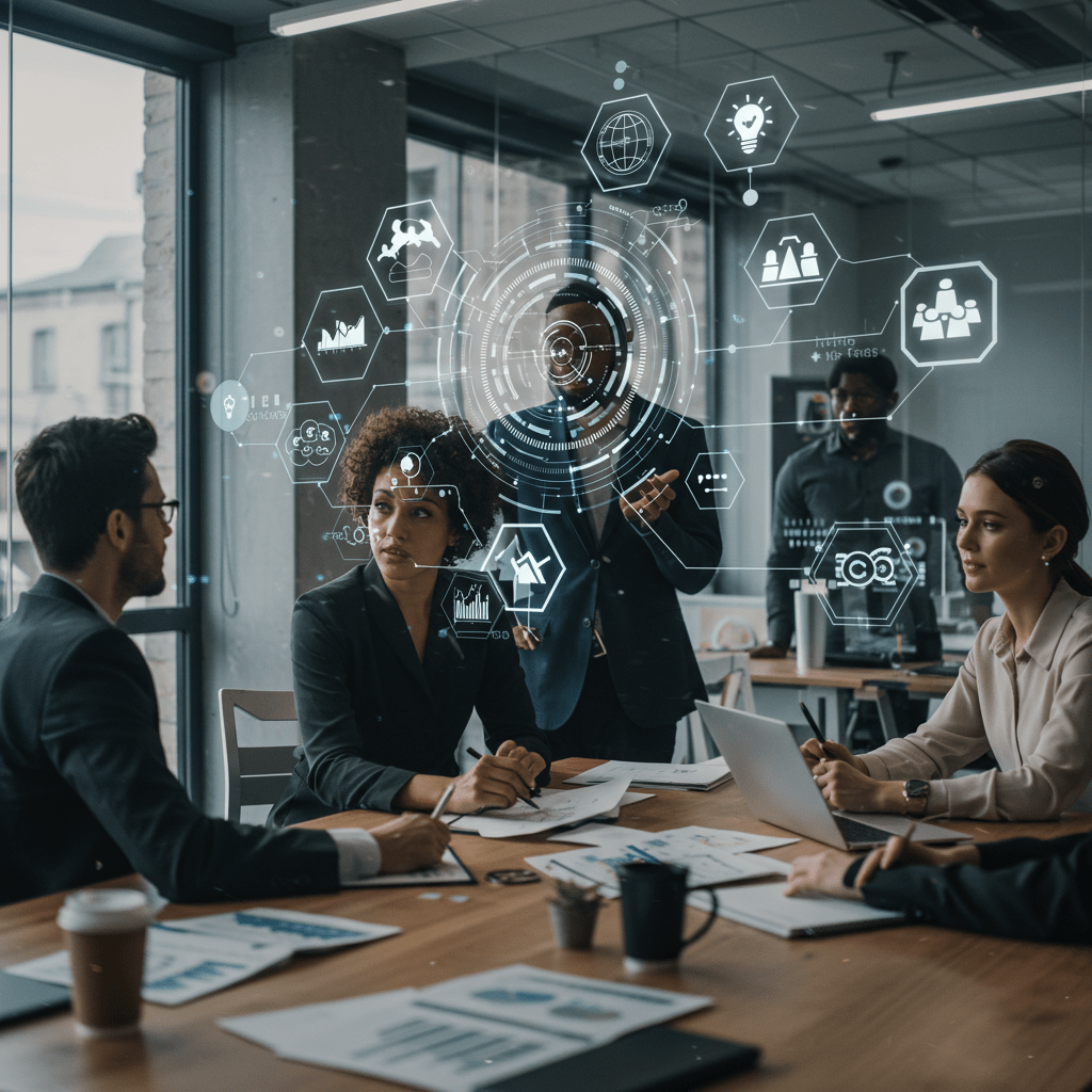 Diverse professionals in a modern office discussing technology strategy with digital icons representing fractional CTO services and transparent pricing models in the UK