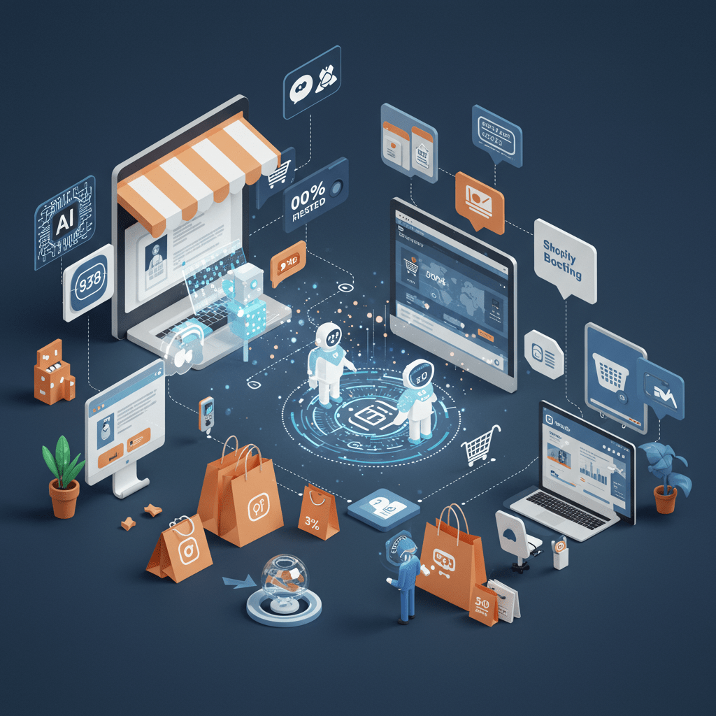 Futuristic ecommerce scene with AI agents automating content writing and sales on WooCommerce and Shopify platforms in a high-tech digital environment