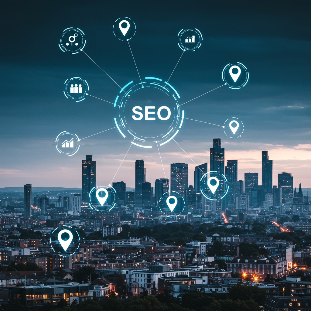 Modern cityscape with digital location pins and network connections symbolising geo-targeted SEO and AI-enhanced local search for UK SMEs