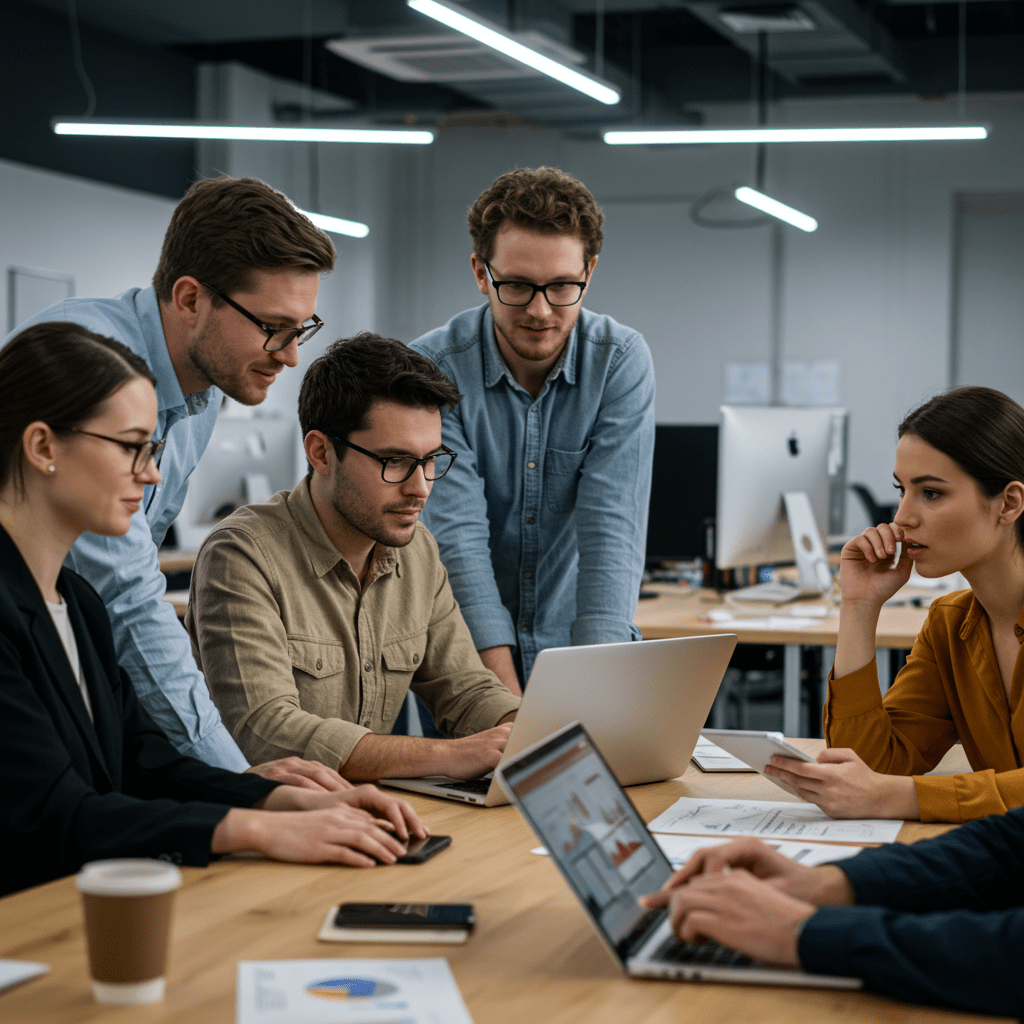 Diverse professionals collaborating in a modern startup office, symbolising technology leadership and teamwork in a UK startup environment