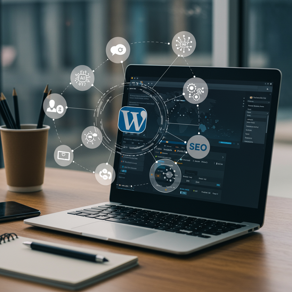 Modern office workspace with laptop showing WordPress dashboard, surrounded by AI, blogging, SEO, and UK small business icons, symbolising innovation and business growth