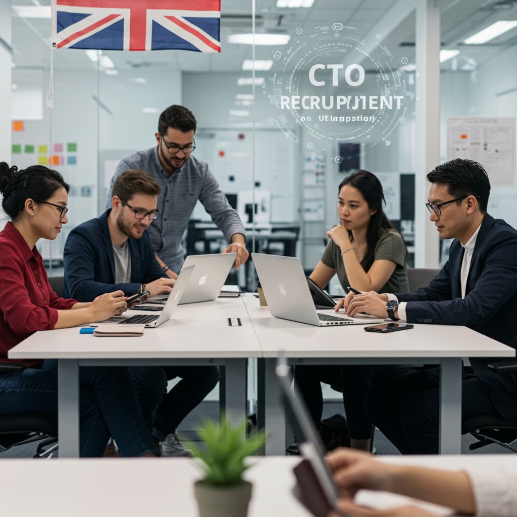 Diverse group of startup professionals collaborating in a modern office with laptops, symbolising CTO recruitment and IT outsourcing for UK startups.