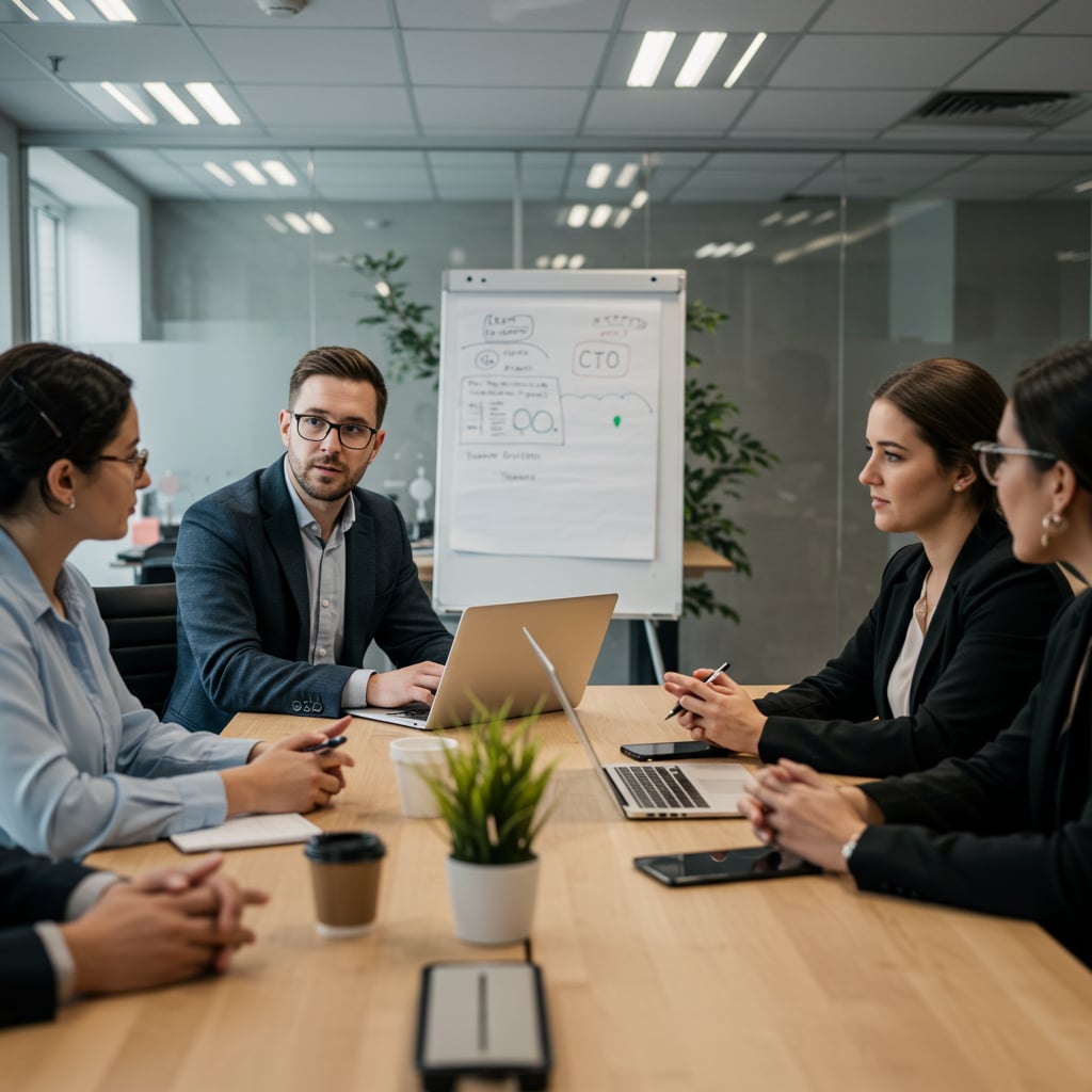 Diverse UK startup founders and a fractional CTO collaborating on technology strategy in a modern office setting with laptops and digital devices, representing CTO as a Service and tech leadership.