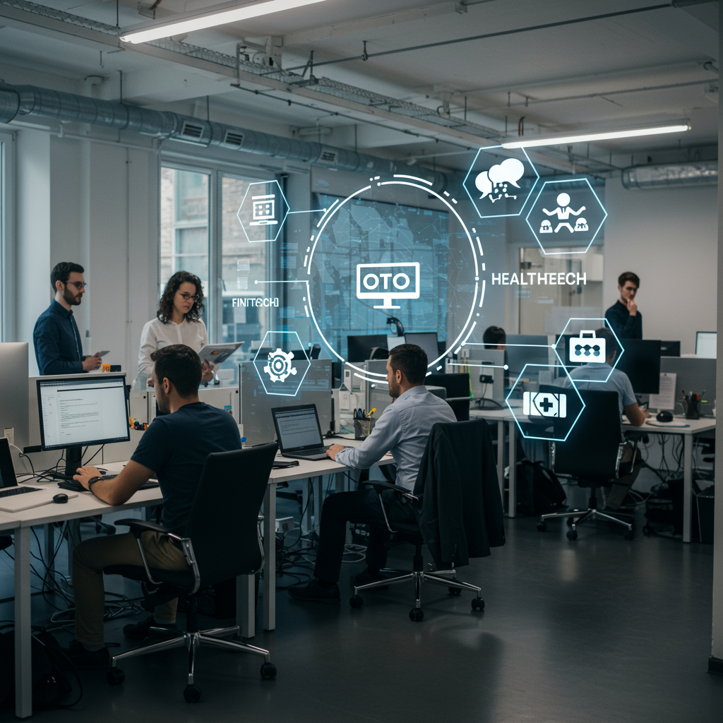 Diverse professionals collaborating in a modern office with digital screens showing fintech, healthtech, and e-commerce icons, representing fractional CTO services for UK startups.
