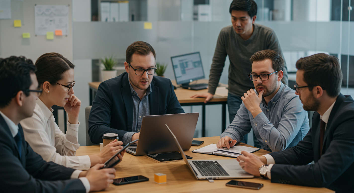 Diverse startup team collaborating with a fractional CTO in a modern office environment discussing technology strategy and innovation