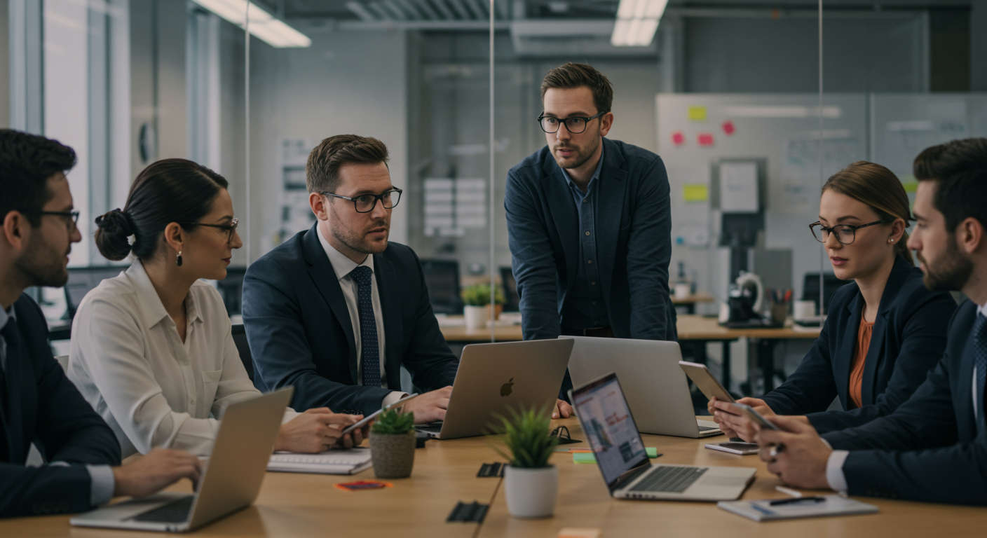 Diverse group of UK SME professionals collaborating with a fractional CTO in a modern office, symbolising technology leadership and strategic planning.