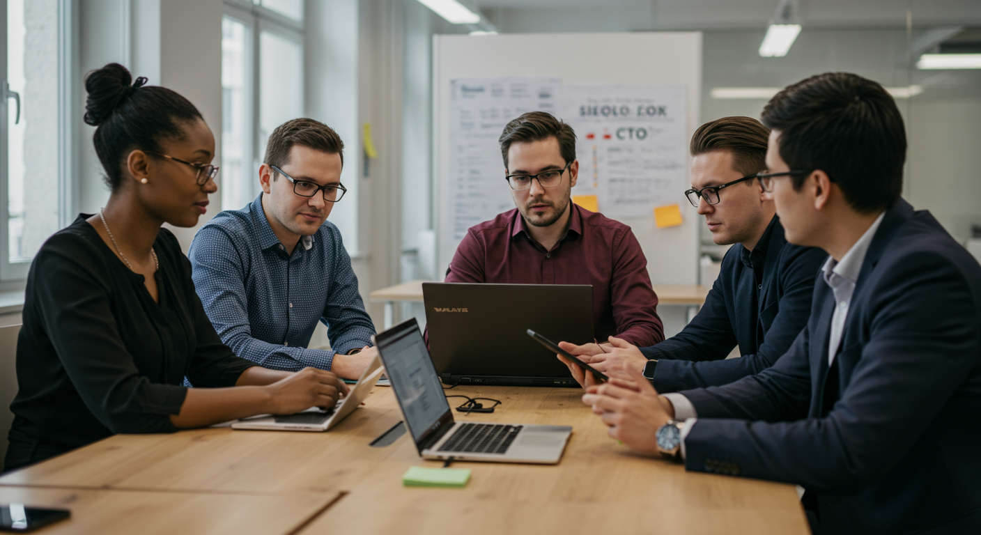 Diverse group of UK startup founders and a fractional CTO collaborating on technology strategy in a modern office environment