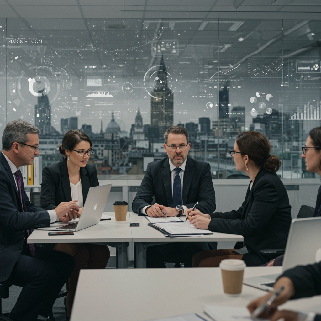 Diverse UK SME leaders collaborating with a fractional CTO in a modern office with digital technology and London cityscape in the background, symbolising digital transformation and strategic technology leadership.