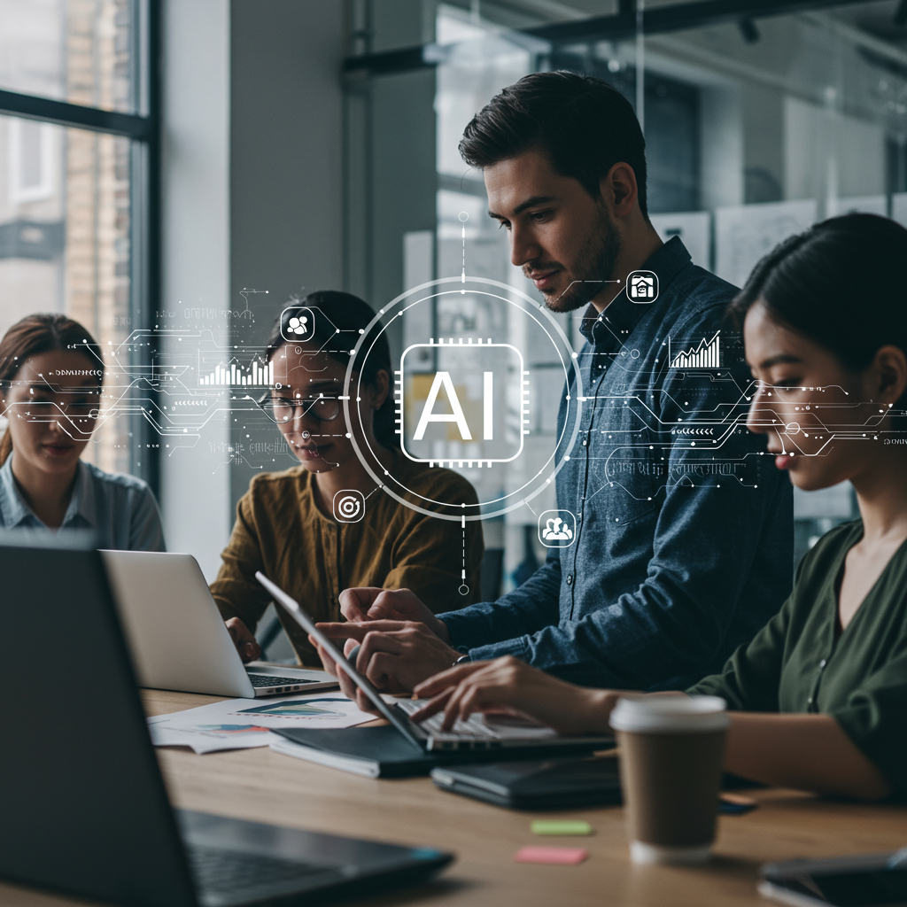 A modern office scene with a diverse team collaborating using technology devices, symbolising innovation, technology leadership, and startup growth in the UK.