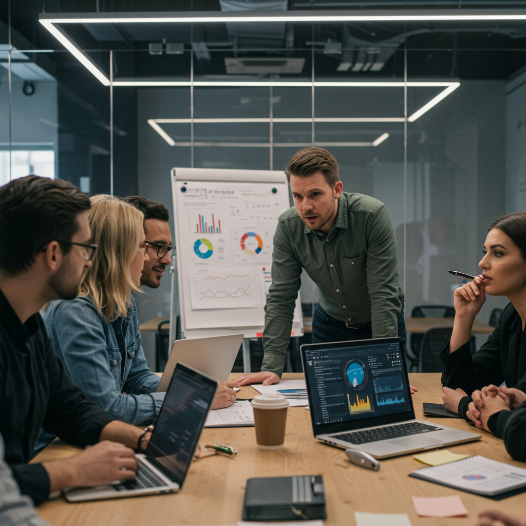 A diverse group of UK startup founders and a fractional CTO collaborating in a modern office with laptops and digital charts, representing technology leadership and cost-efficient solutions.