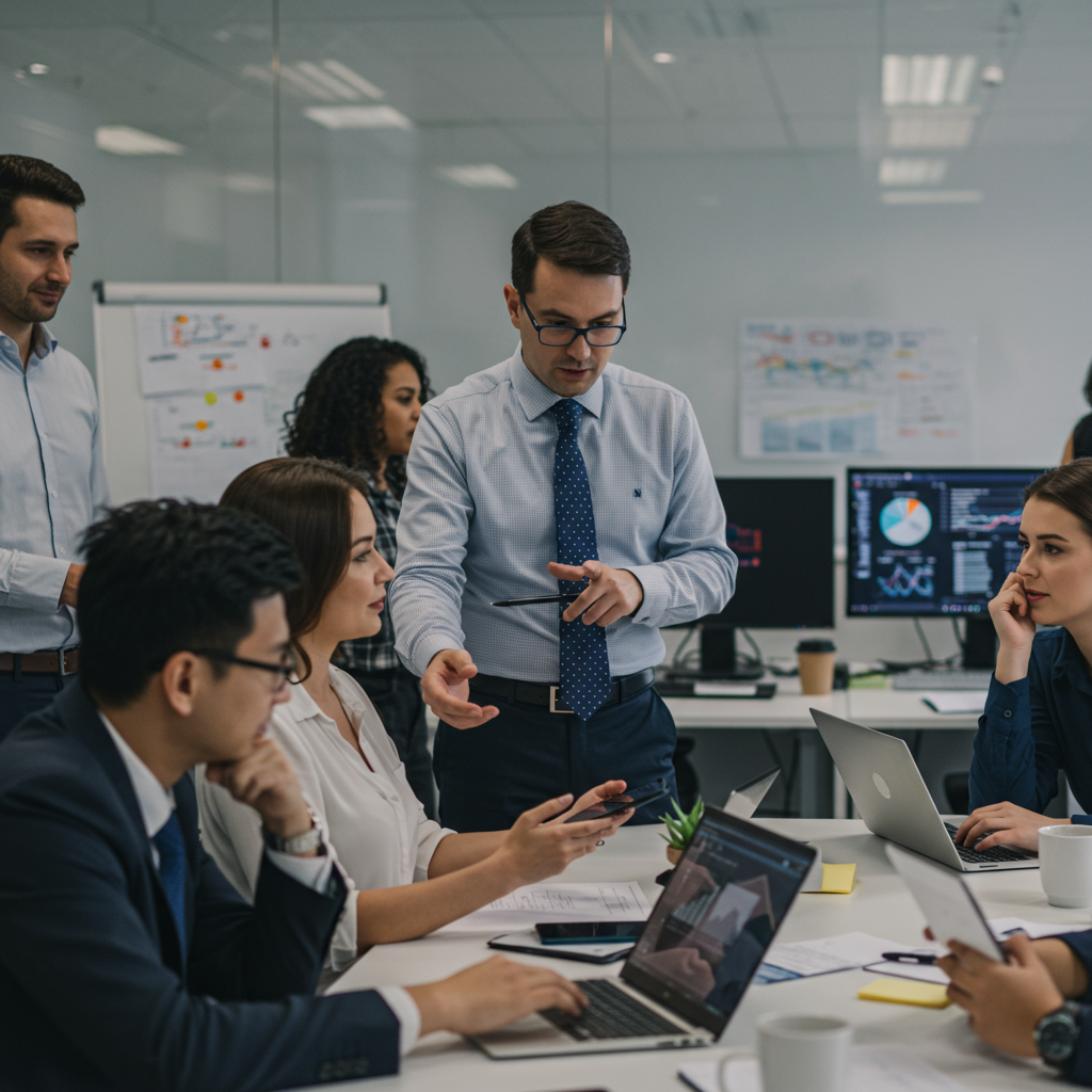 Diverse group of UK startup and SME professionals collaborating with a fractional CTO in a modern office, symbolising ongoing technology leadership and long-term success