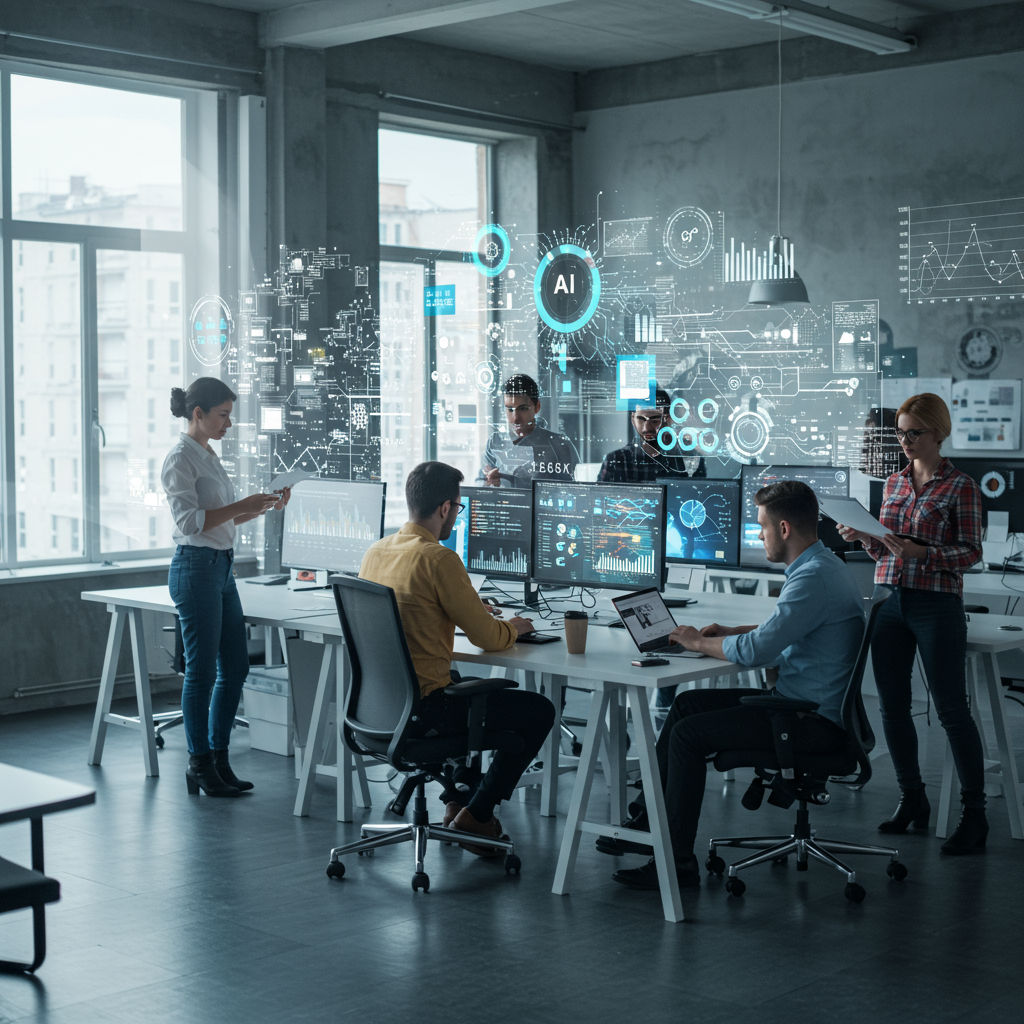 A modern office scene with a diverse team collaborating using digital technology and AI elements, representing AI marketing automation and fractional CTO services for startups and SMEs.