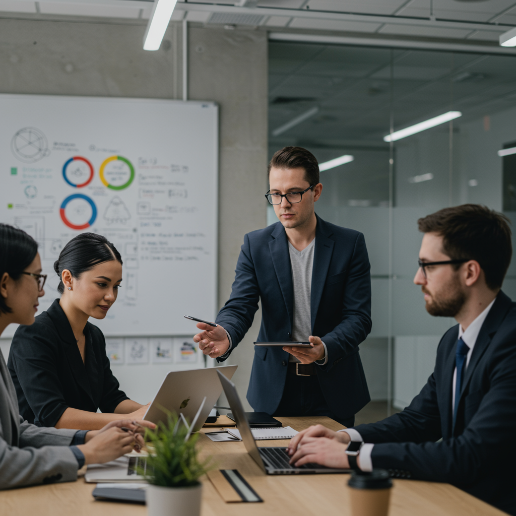 A diverse group of startup founders and a fractional CTO collaborating around a table with laptops in a modern UK office, symbolising technology leadership and innovation.