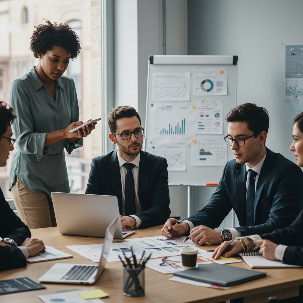 Diverse group of UK startup and SME leaders collaborating with a fractional CTO in a modern office, surrounded by technology and strategy planning elements.