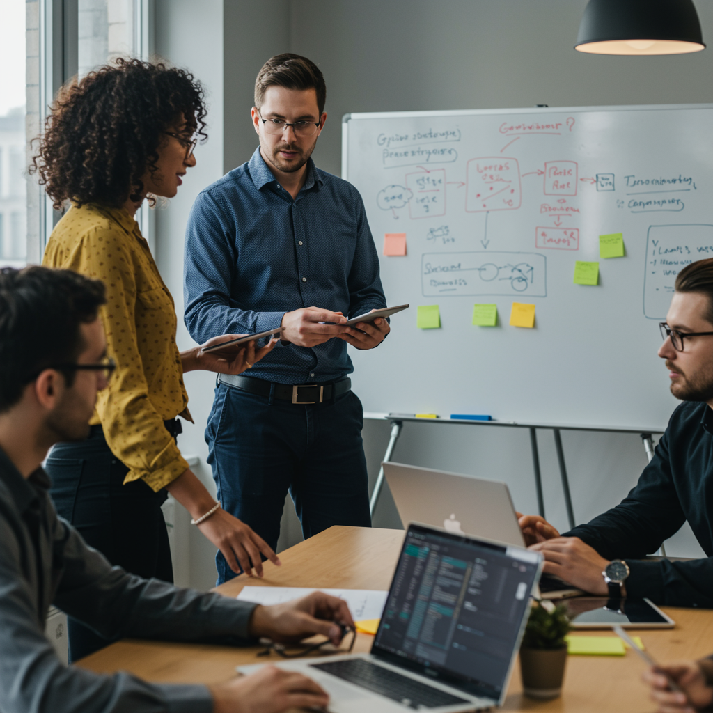 A diverse group of startup founders and a fractional CTO collaborating in a modern office with laptops and a whiteboard, symbolising innovation and technology leadership in a UK startup environment.