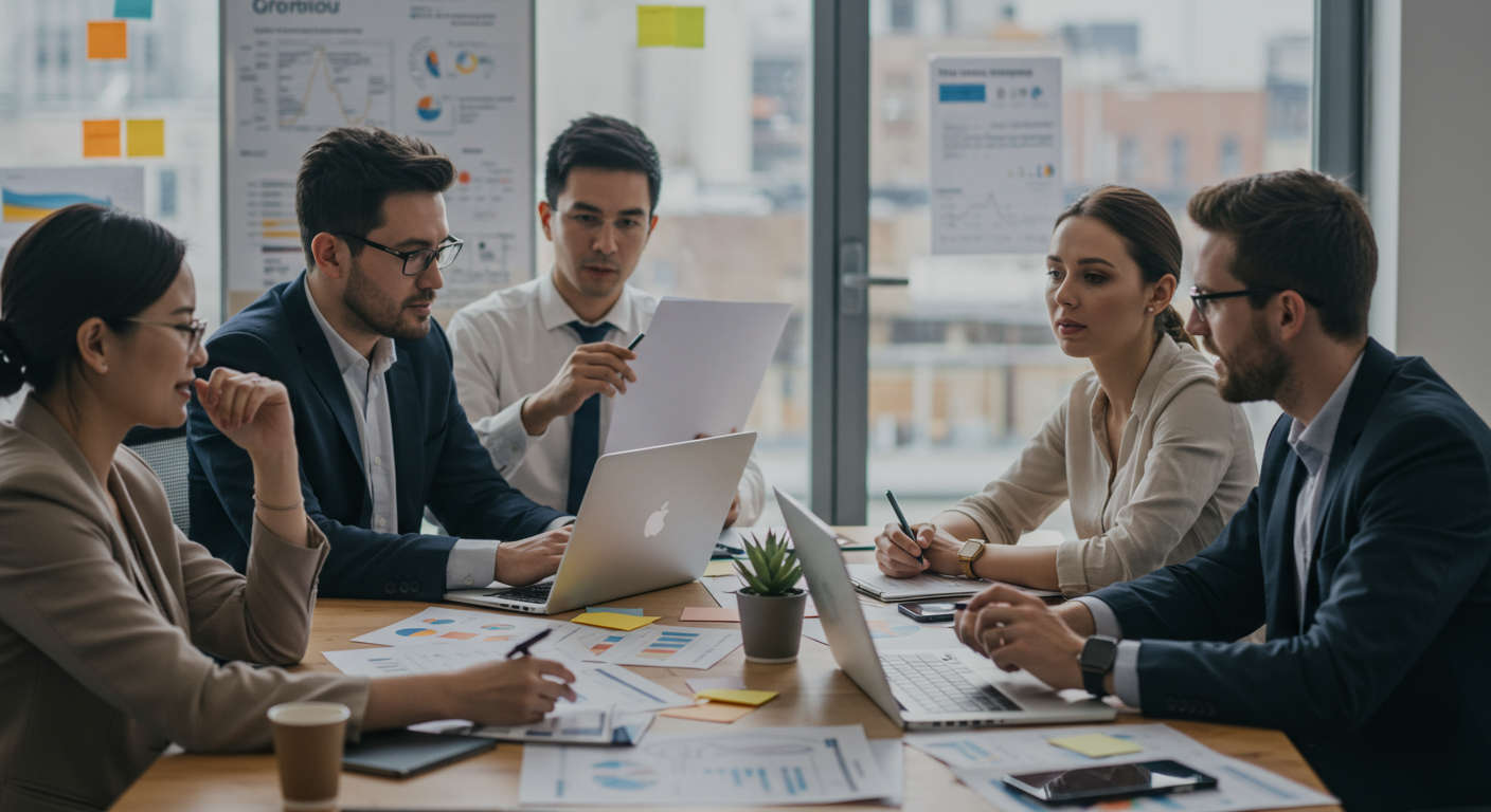 A professional and modern office setting showing a diverse group of startup founders and a fractional CTO collaborating over technology strategy, with laptops, charts, and digital devices around, symbolising innovation, leadership, and growth in a UK startup environment