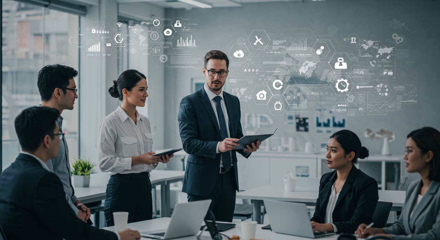 A diverse group of startup founders and a fractional CTO in a professional business setting discussing technology strategy with digital technology icons and futuristic interface elements symbolising investment readiness and scalable technology infrastructure in UK startups