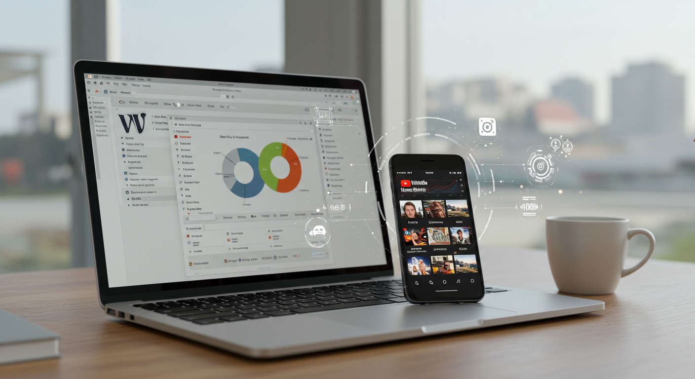 Modern digital workspace with laptop showing WordPress dashboard and smartphone displaying YouTube Shorts, surrounded by AI and automation icons representing content repurposing and cross-channel marketing