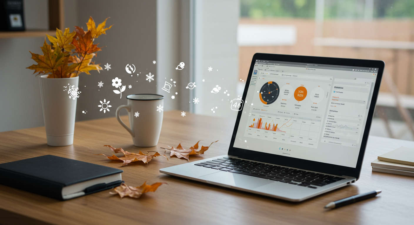 Modern workspace with a laptop showing WordPress dashboard surrounded by seasonal icons representing SEO content scheduling and automation