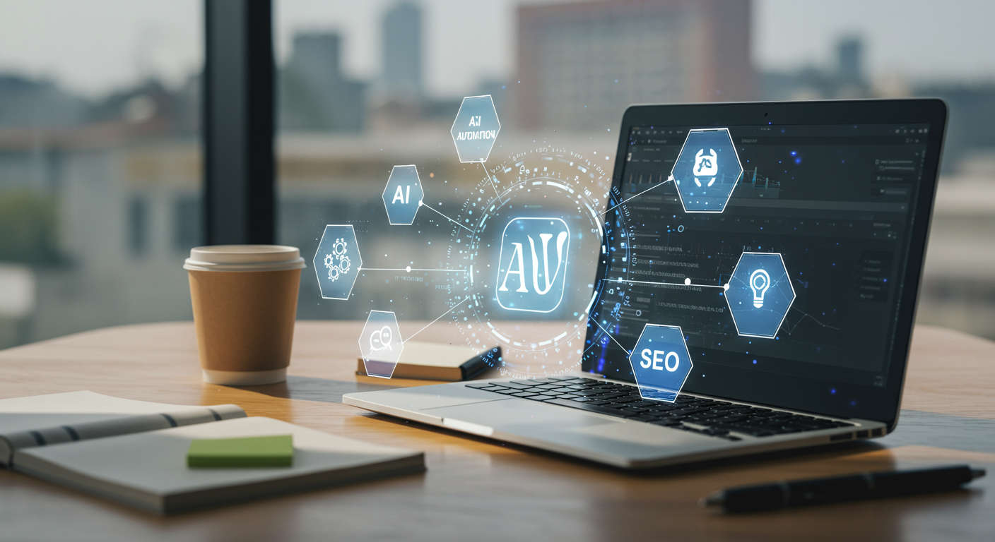 Modern office workspace with a laptop showing WordPress dashboard surrounded by digital icons representing AI, automation, SEO, and blogging for UK startups and SMEs marketing.