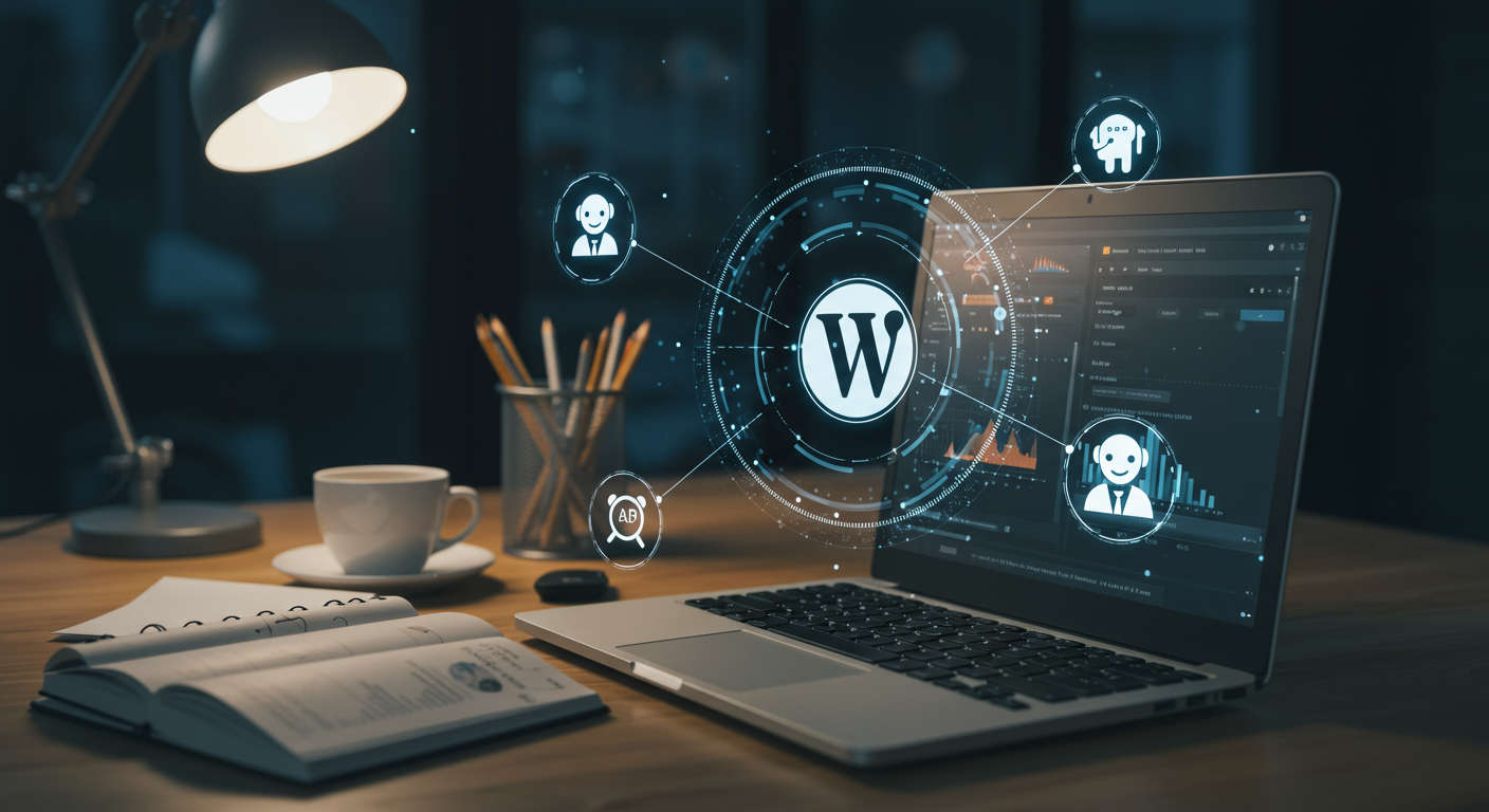Modern digital workspace with a laptop displaying WordPress dashboard, surrounded by AI and automation icons symbolising AI agents automating blog publishing for UK businesses