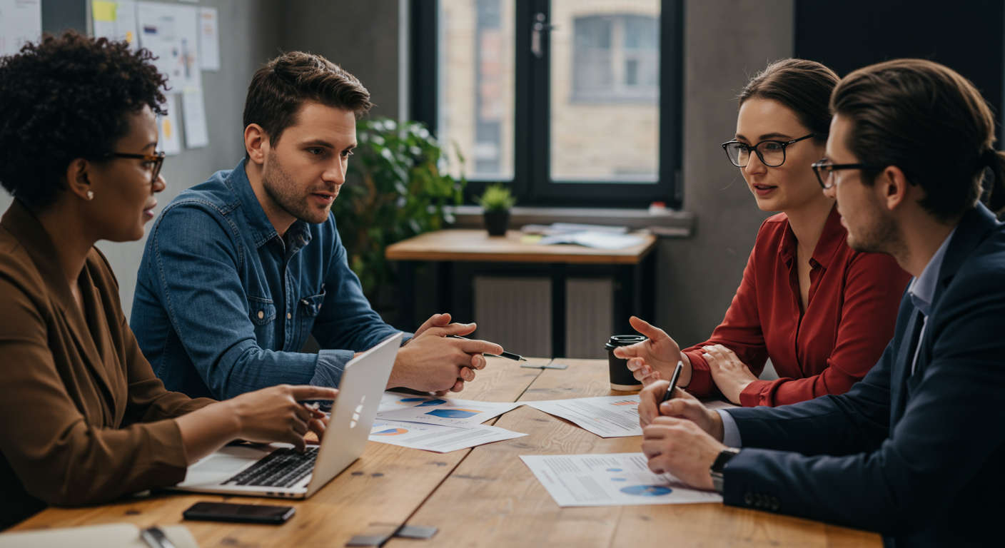 Diverse group of startup founders and a fractional CTO discussing strategy around a table with laptops and documents in a professional business setting