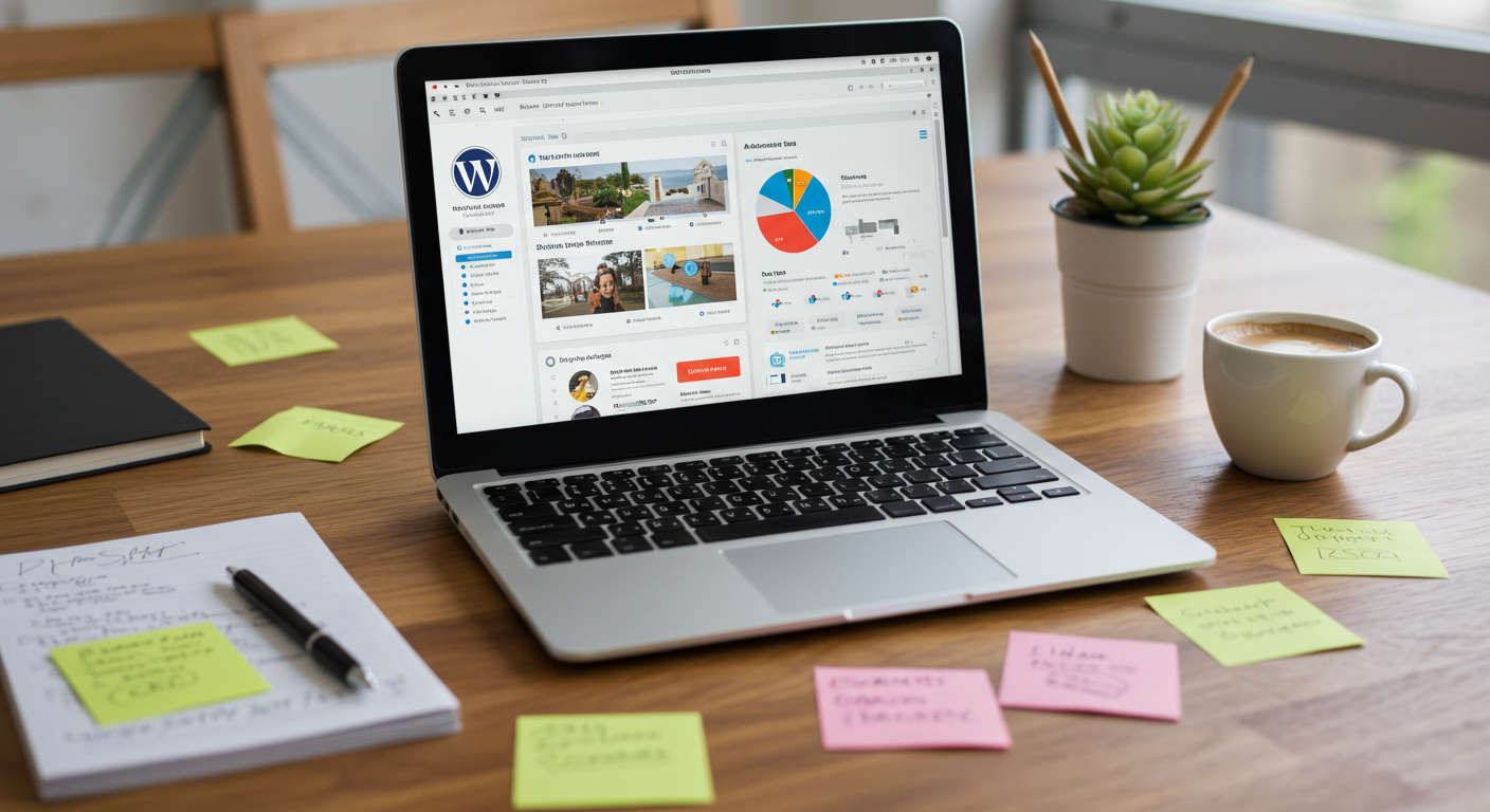 Modern workspace with laptop showing WordPress dashboard, notes, and coffee, representing automated SEO blog writing for startups and SMEs