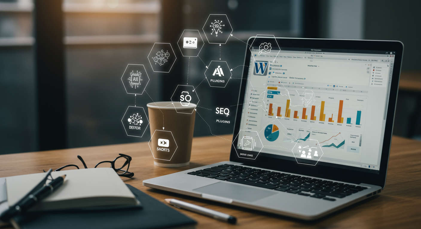 Modern workspace with laptop showing WordPress dashboard surrounded by AI, SEO, plugin, scheduling, and YouTube Shorts icons representing automation for UK startups and SMEs