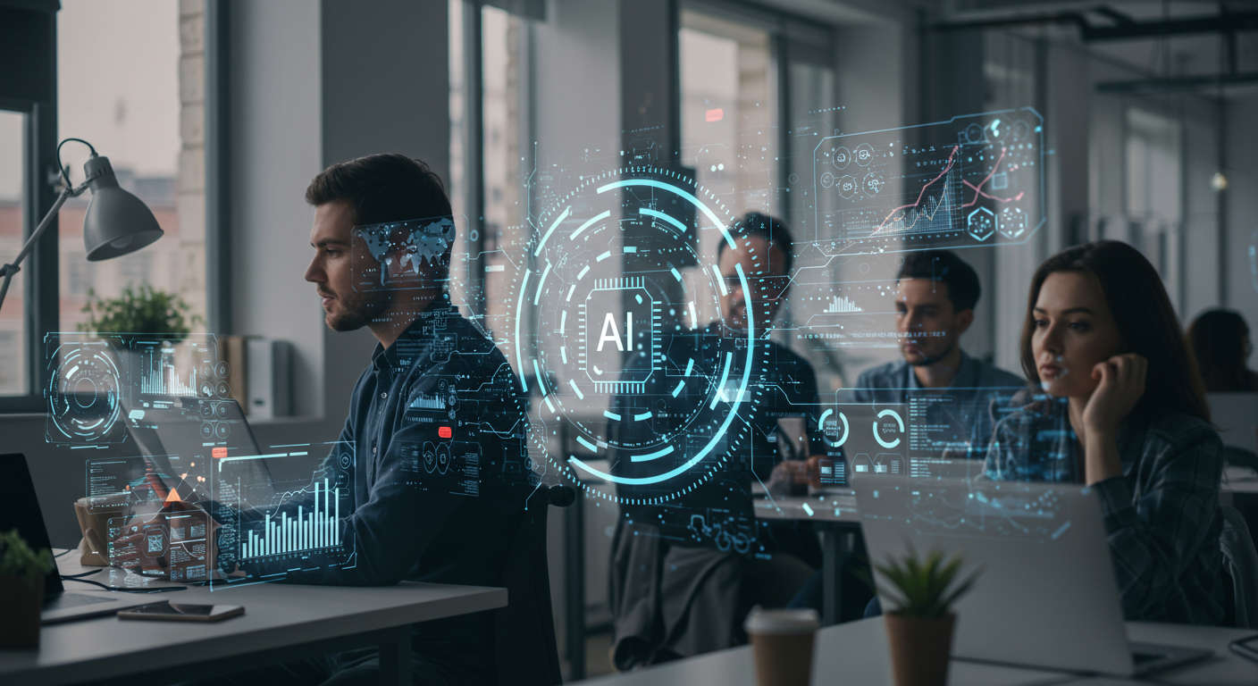 A modern office scene showing a diverse group of professionals collaborating with futuristic AI technology interfaces and digital data overlays, symbolising AI-driven fractional CTO services and innovation in a UK startup environment