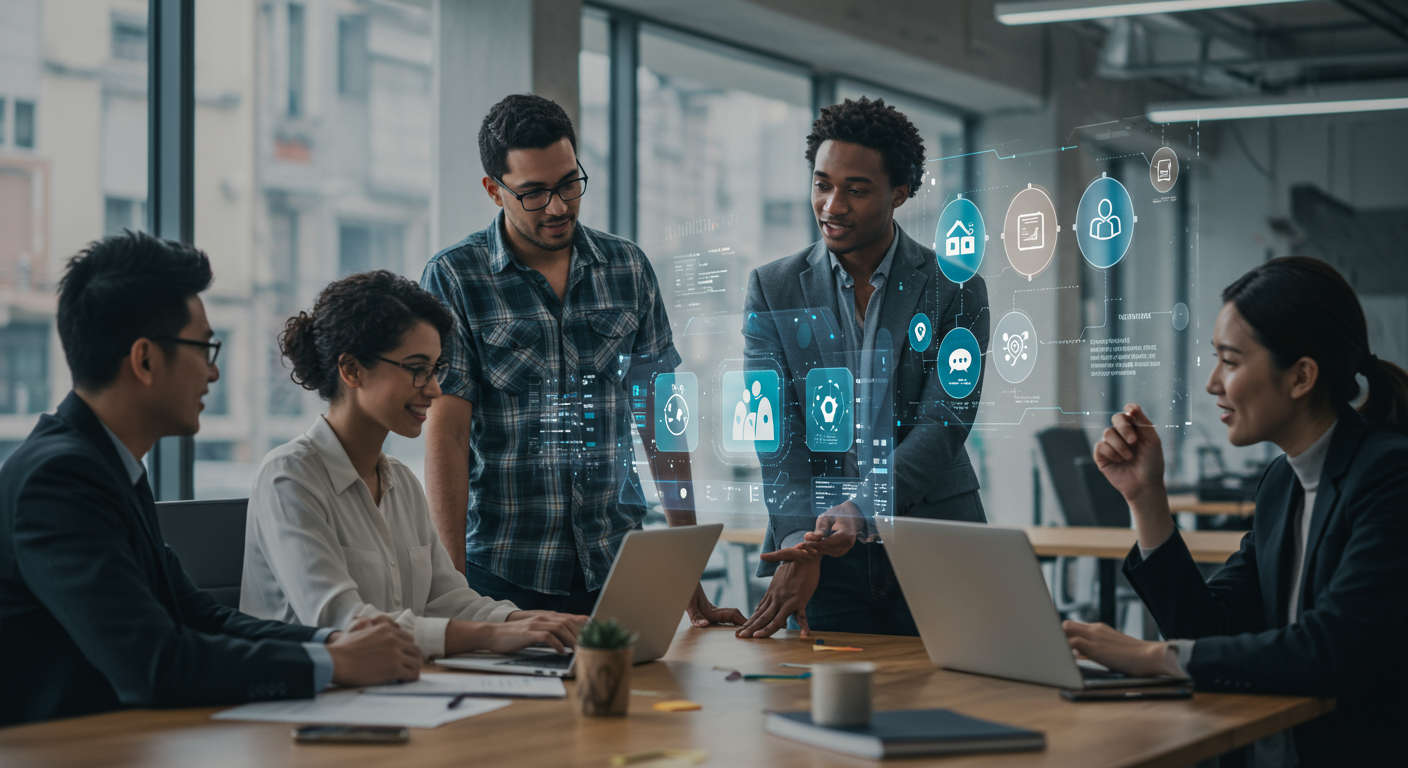 A diverse group of professionals collaborating with AI technology, digital interface showing brand voice elements like tone, style, and language, modern office environment, vibrant colours, representing AI-driven brand voice consistency and automation for businesses