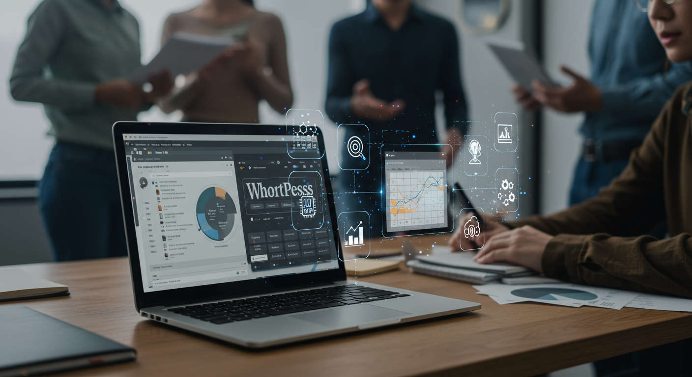 Modern office workspace with laptop showing WordPress dashboard and digital icons for AI, data analytics, and content scheduling, symbolising a data-driven AI editorial calendar in a startup environment