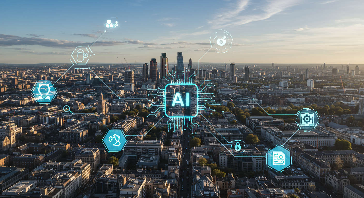 Modern London cityscape with digital AI-themed overlays representing AI innovation and startup growth in the UK