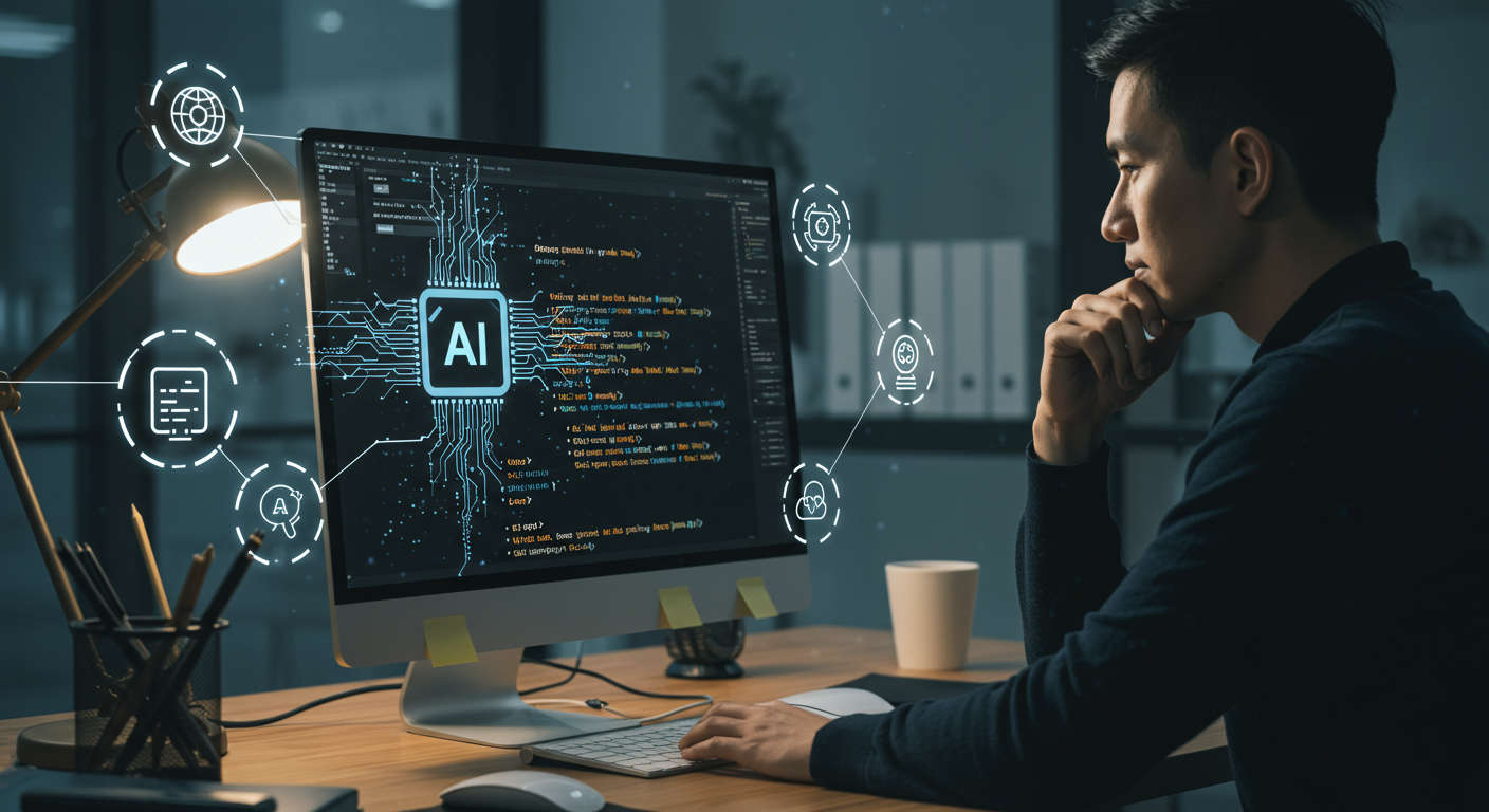 A modern, professional workspace with a computer screen displaying code and AI elements, symbolising AI-assisted coding best practices in a clean, organised tech environment.
