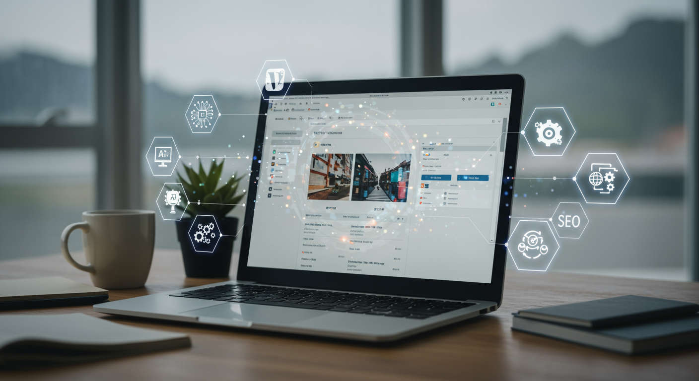 Modern workspace with laptop showing WordPress dashboard and digital icons for AI, automation, SEO, and scheduling representing efficient content management