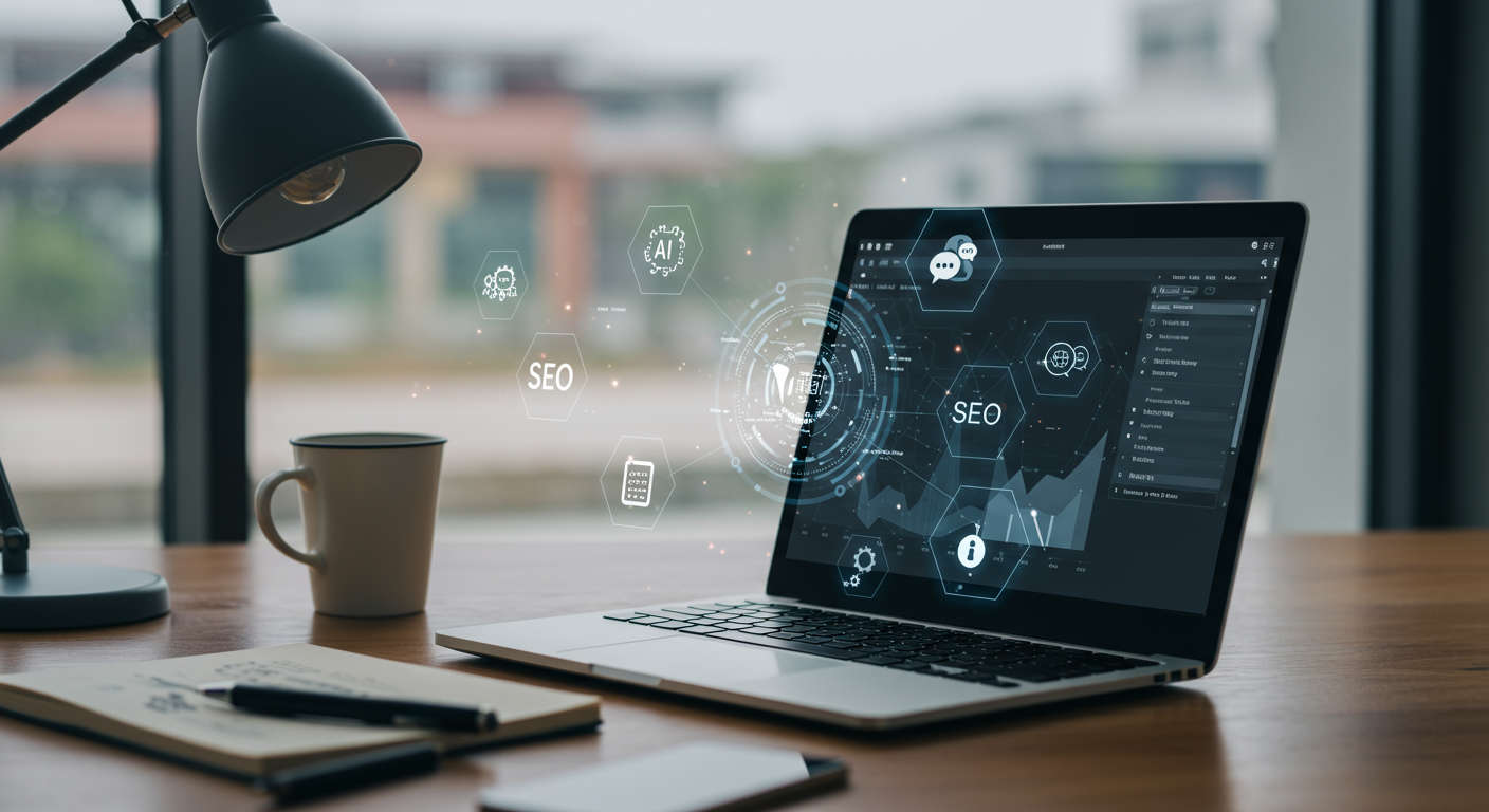 Modern workspace with laptop showing WordPress dashboard, surrounded by digital icons for AI, SEO, blog posts, and scheduling, symbolising automation and productivity for UK startups and SMEs