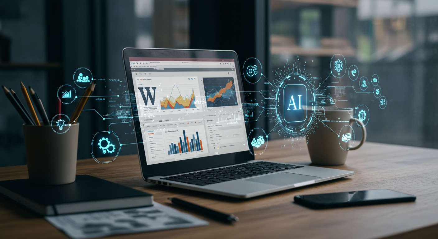 Modern workspace with laptop showing WordPress dashboard and AI automation icons representing digital workflow and productivity enhancement