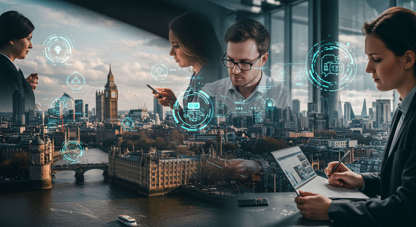 Modern UK cityscape collage of London, Manchester, and Edinburgh with digital technology and business elements representing fractional CTO services and tech innovation.