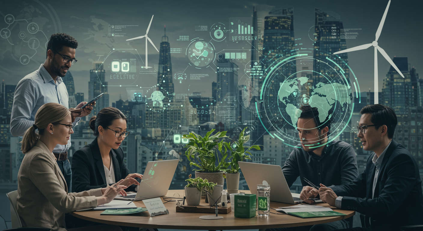 A diverse team collaborating on sustainable technology solutions in a green tech startup, with symbols of renewable energy and environmental responsibility in a UK urban setting