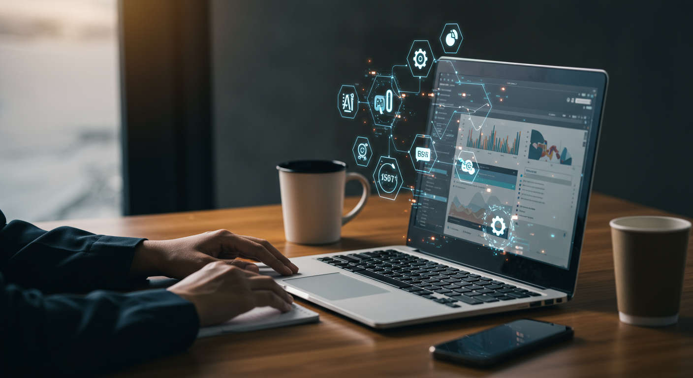 A modern digital workspace showing a laptop with WordPress dashboard on screen, surrounded by AI icons and SEO elements like keywords, graphs, and optimisation symbols, representing AI-powered SEO tools enhancing WordPress websites.