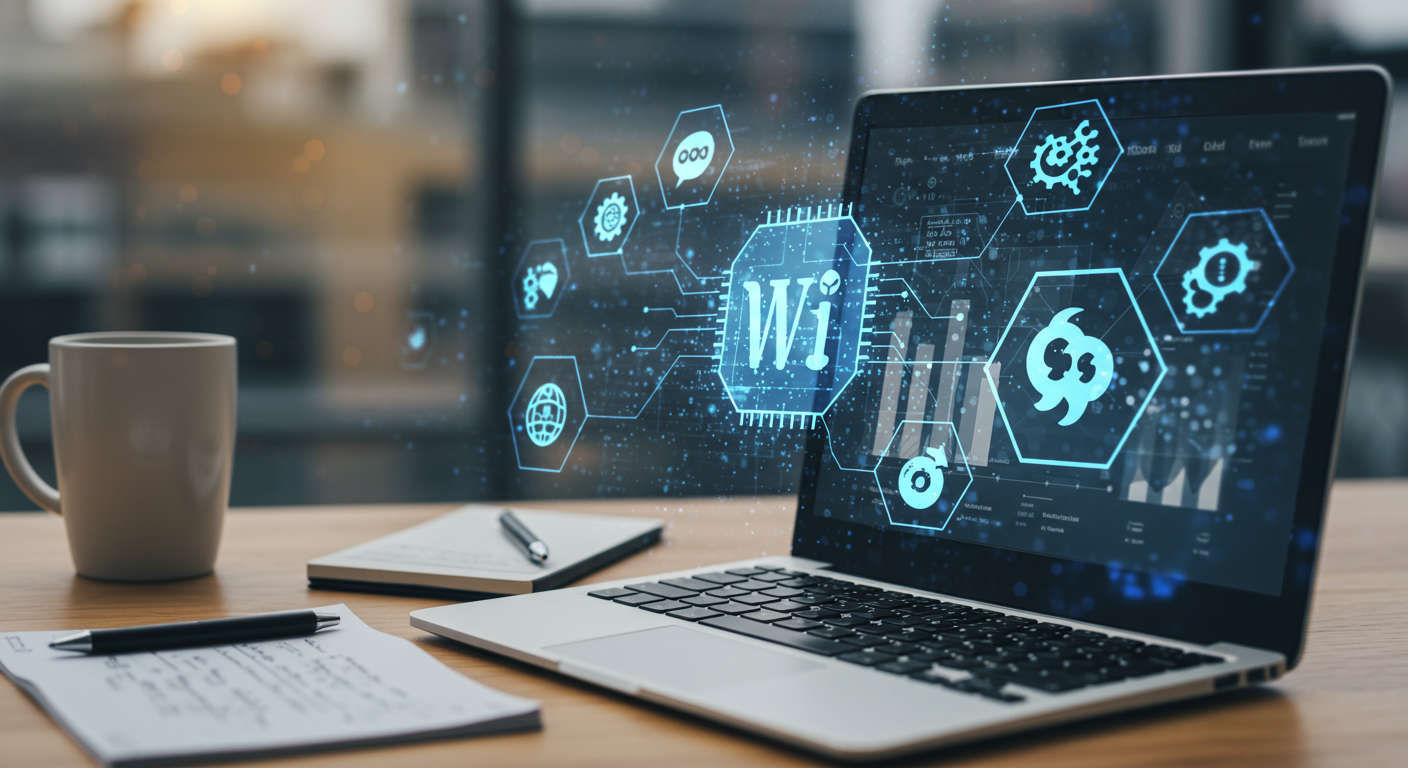 Modern digital workspace with WordPress dashboard and AI technology icons representing automation and integration in a UK business setting
