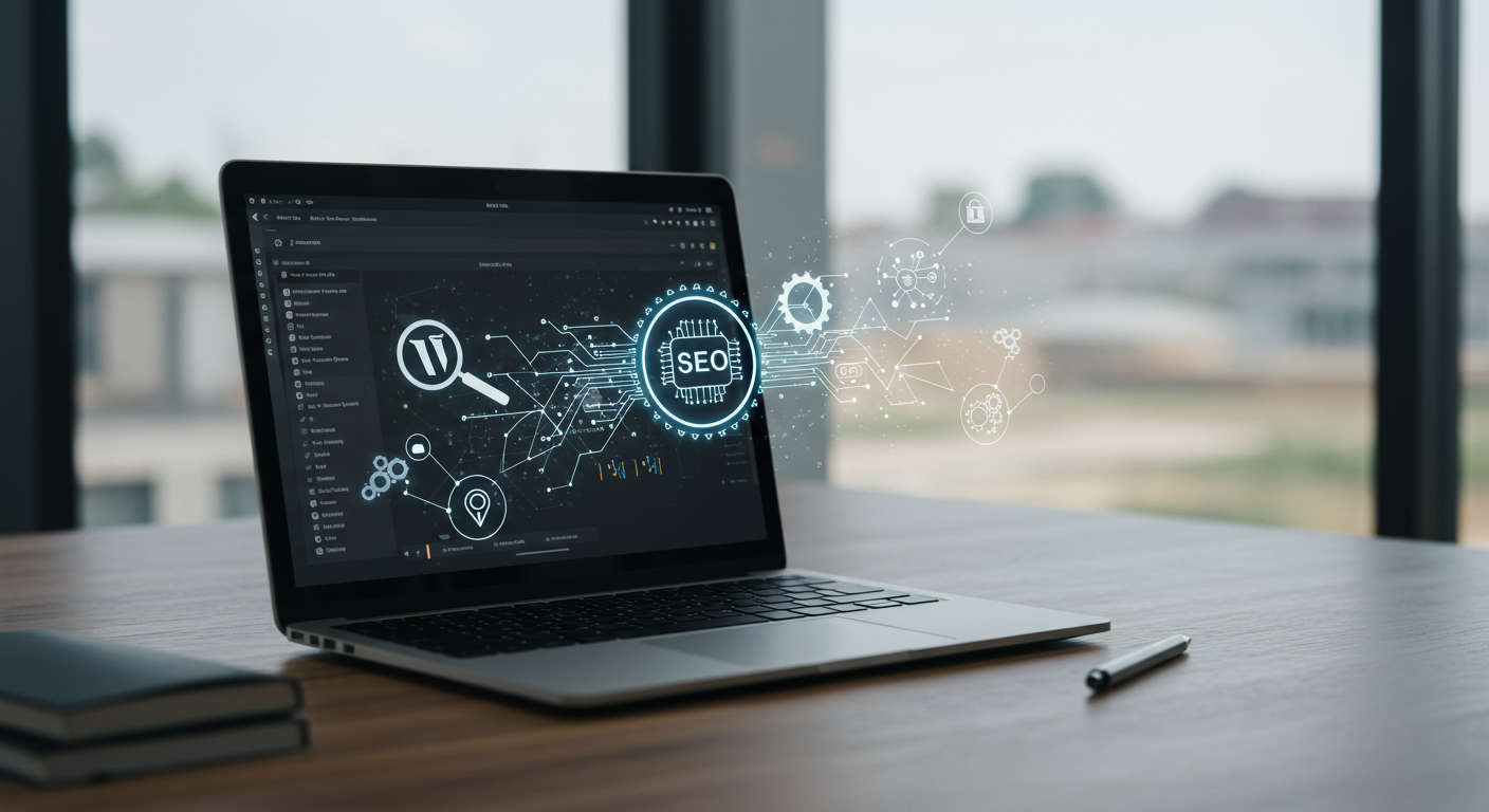 Modern digital workspace with a laptop displaying WordPress dashboard surrounded by AI and SEO icons symbolising AI-driven content creation and automation for UK startups and SMEs