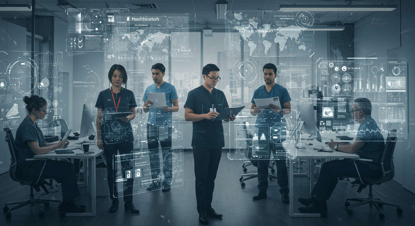 Diverse healthtech professionals collaborating in a modern office with digital medical data visuals, representing technology leadership and compliance in UK healthtech.