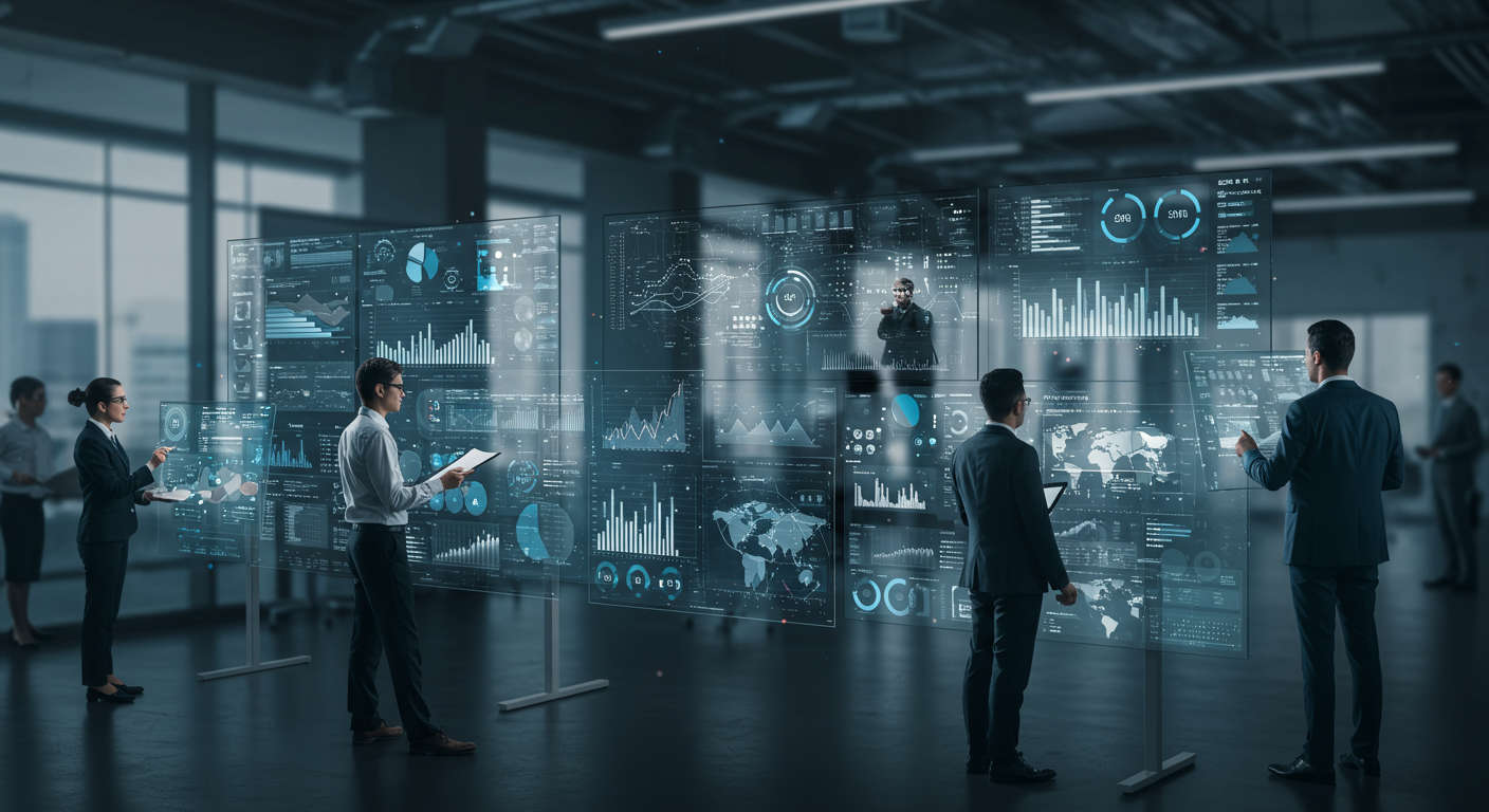 Futuristic business analytics dashboard with AI agents monitoring real-time data streams and diverse professionals interacting with advanced AI-driven analytics in a modern enterprise environment
