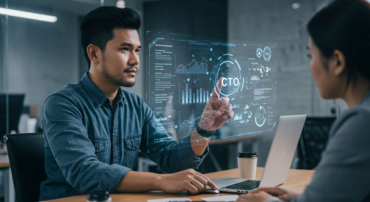 A professional fractional CTO using AI technology to analyse and predict technology trends with futuristic digital interface and diverse team collaboration in a modern office environment