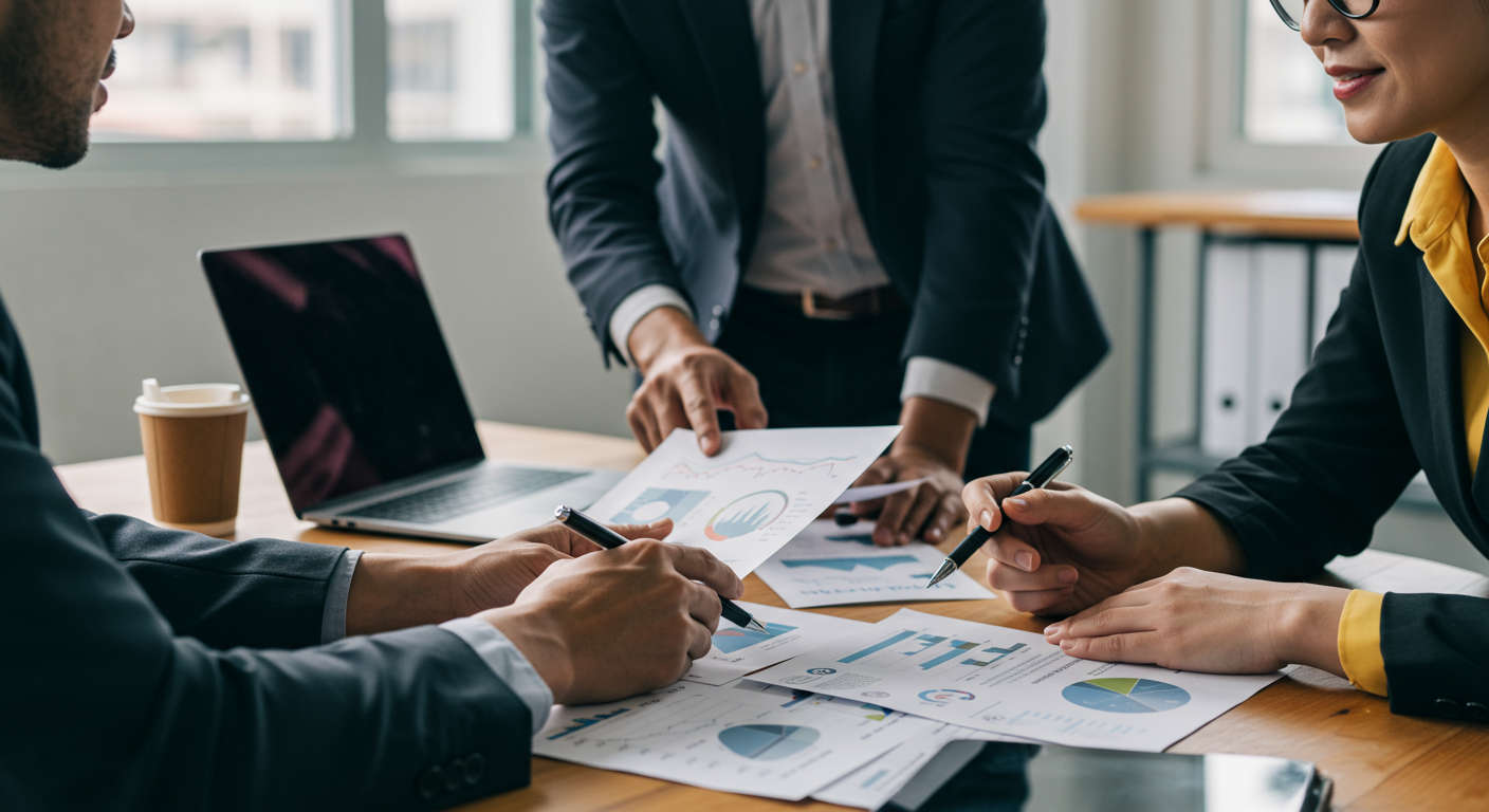 A diverse team of professionals collaborating over technology and business documents in a modern office setting, symbolising strategic tech merger and acquisition planning in a UK startup environment.