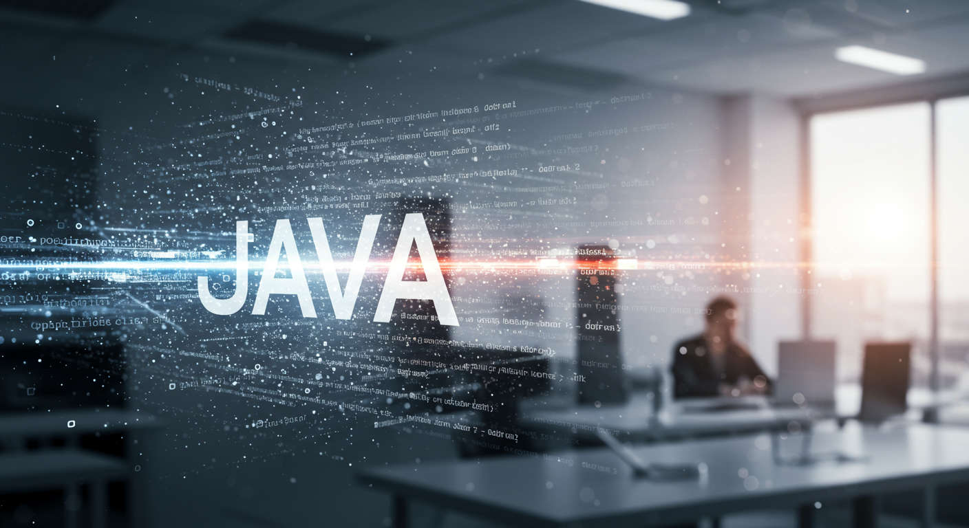 Modern technology concept with digital code streams and Java logo symbolising software development and enterprise innovation