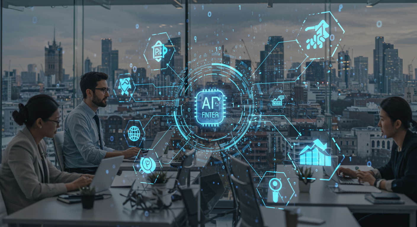 Modern fintech office with diverse professionals collaborating, AI automation icons, and a futuristic London cityscape in the background representing fintech innovation and technology integration