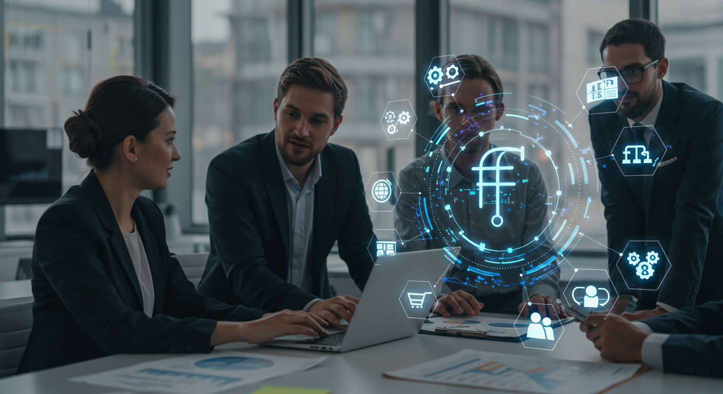 Diverse business professionals in a modern office discussing fintech technology strategy with digital charts and abstract fintech icons in the background.